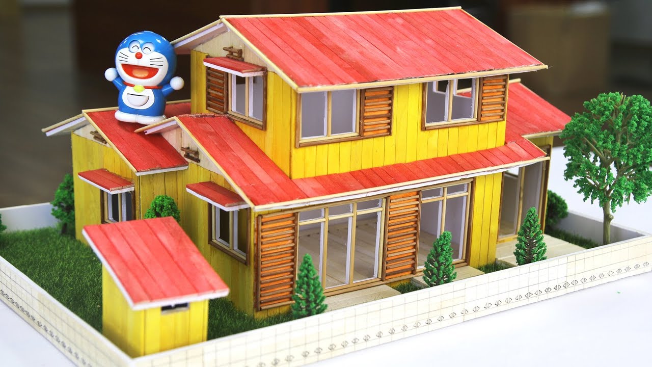 How to make a model of Nobita and Doraemon’s house with colored popsicle sticks